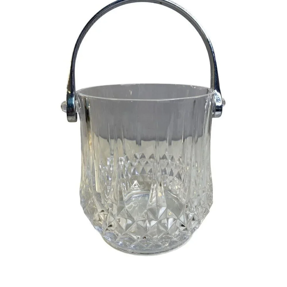 Vintage Heavy Lead Crystal Glass Ice Bucket Silver Tone Handle 5.5